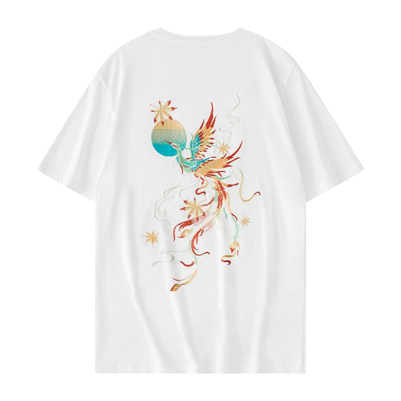 Vintage Chinese Streetwear Summer Phoenix Embroidery T-Shirt for Men