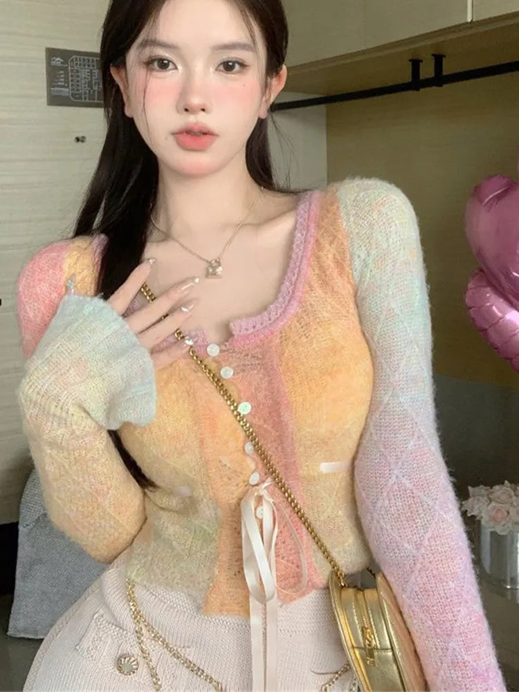 Women's Knitted Cardigan Sweater with Rainbow Gradient Sleeves For Autumn and Winter Korean Style