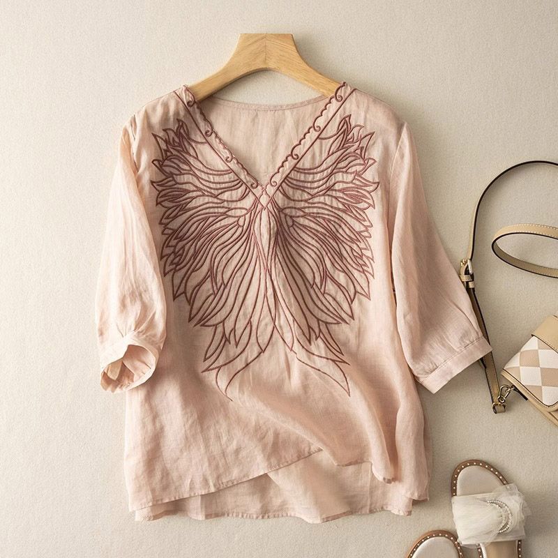 Women's New Summer Chinese Style Loose Elegant V-neck Embroidery Shirt