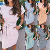 Stripe Women Tshirt Dress Elegant O Neck Short Sleeve Sashes Pocket Sundress Cotton