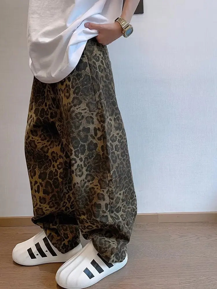 Leopard Jeans Men Denim Pants Oversize Wide Leg Trousers Streetwear