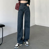 Y2K Fashion High Waisted Women's Jeans Blue & Black Straight Leg Denim Pants