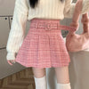 2024 Pink Plaid Pleated Mini Skirt Women with Belt