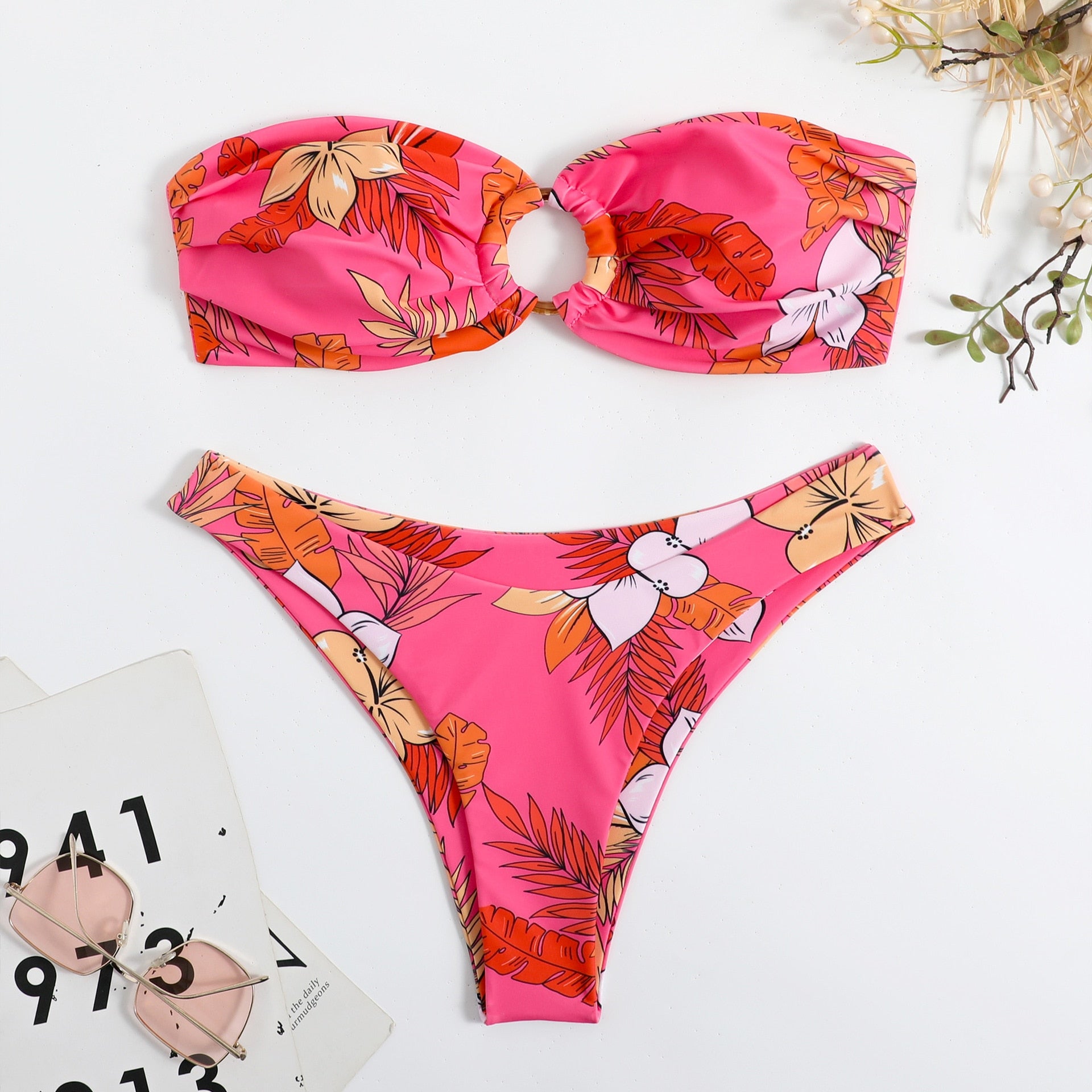 New Split Floral Bra Bikini Swimsuit Sexy Multi-Color