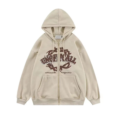 Trendy Retro Letter Embroidery Zip Hoodie - American Style