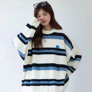 White Blue Stripe Loose Pullover Women Autumn Winter
