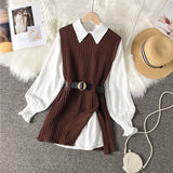 Long lantern sleeve shirt women knitted vest 2 two piece set
