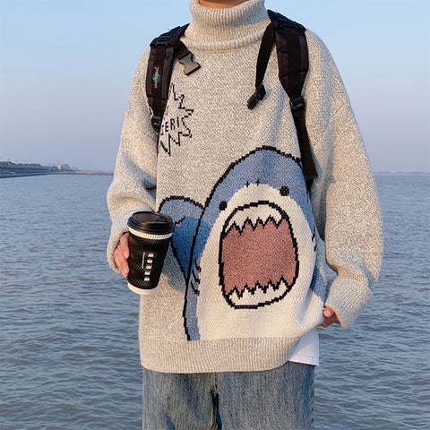 Turtlenecks Shark Sweater Winter Patchwor Harajuku Korean Style High Neck Oversized
