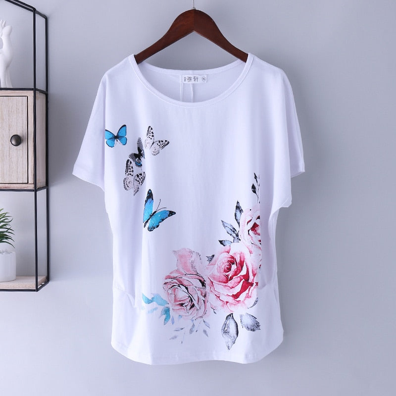 Oversize Women T-shirt Cotton Loose, Short Sleeve , Flower Print
