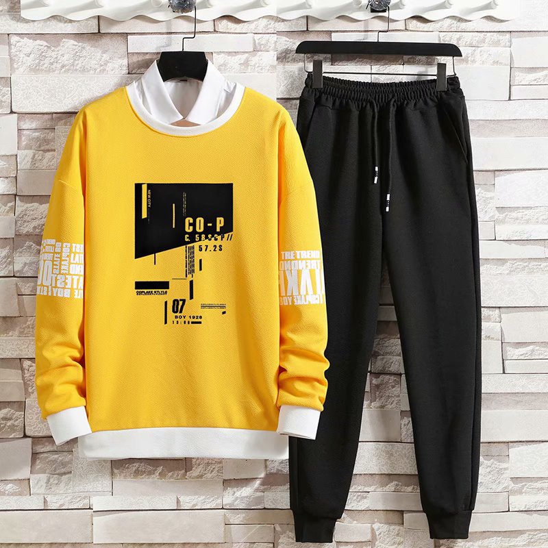Long sleeve Print T Shirts+Solid color jogger