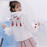 Harajuku Style Women's Long Sleeve Hoodies Embroidery Accents White Drawstring Pullovers