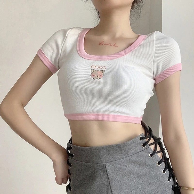 Women's Y2K Cat Embroidered Crop Top Summer T-Shirt