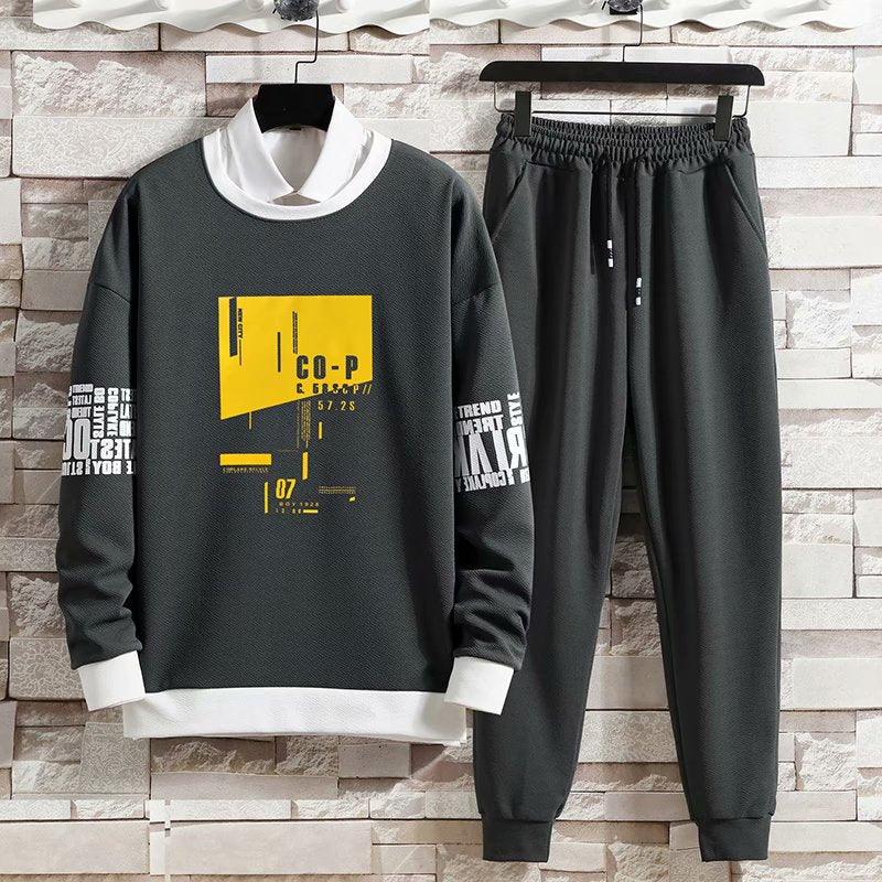 Hip Hop Long sleeve Print T Shirts+Solid color jogger