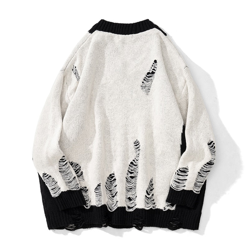 Black White Patchwork Pullovers Sweaters Washed Destroyed Ripped Sweater