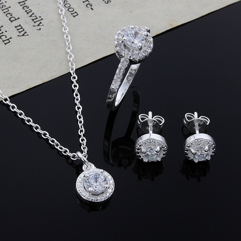925 Sterling silver Cute Solid Christmas gift noble crystal CZ necklace earring ring Set