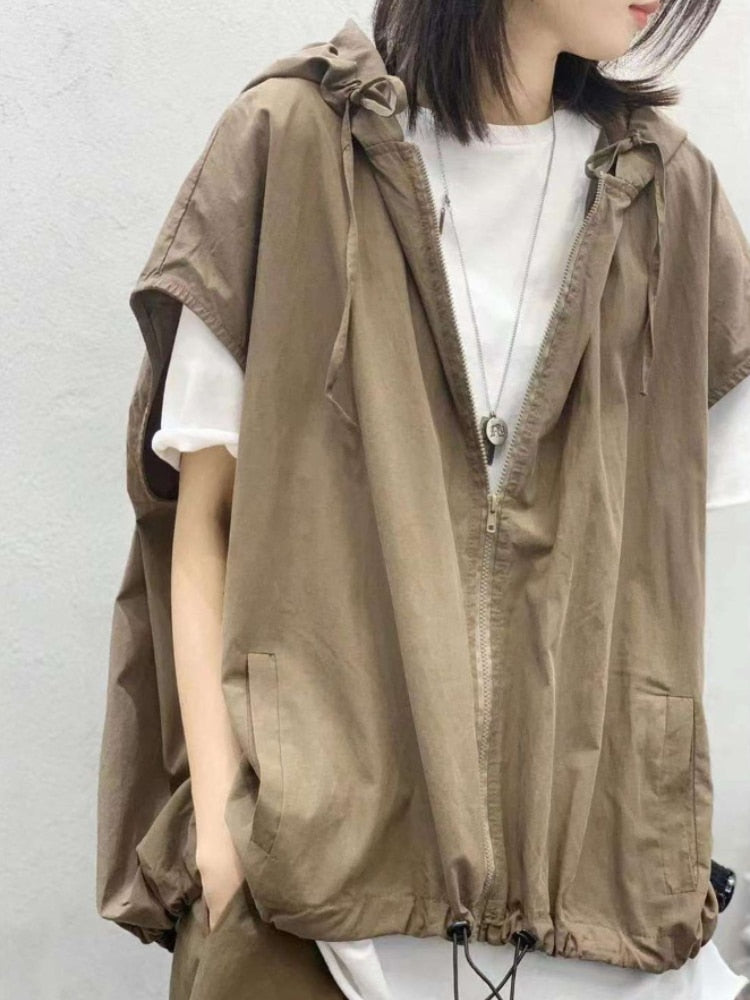 Harajuku Hooded Sleeveless Cardigan Women Vintage Hip Hop Zipper Oversized