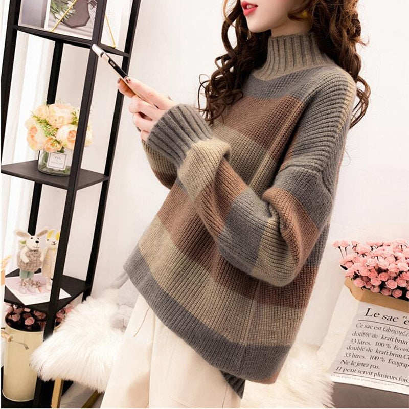 Autumn Winter Fashion Loose Stripe Medium Length Sweaters Pullover