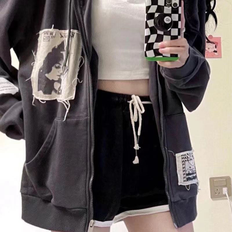 Emo Women Alt Korean Hoodie Zip Up Grunge Aesthetic Jacket Vintage