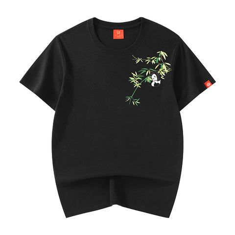 Vintage Bear Bamboo Embroidery Men's T-Shirt for Summer Casual