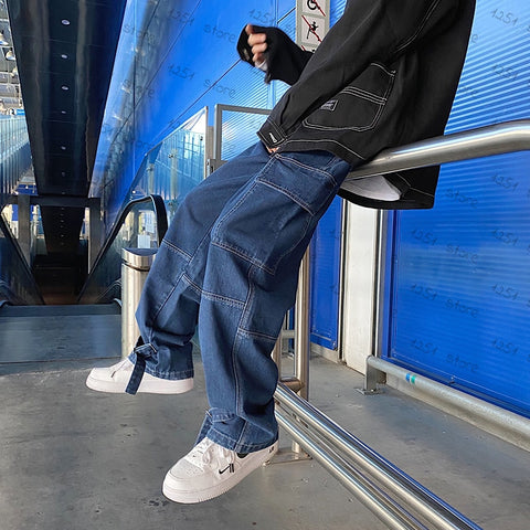Men Jeans Wide Leg Denim pants Loose Straight Baggy hip hop Streetwear Skateboard
