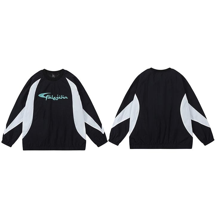 Hip Hop Retro Patchwork Men's Sweatshirt Streetwear Vintage Pullover Harajuku Track Sweat Shirt in Black