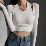 Women Tunics Kpop Button Patchwork T Shirt Fake Two-piece