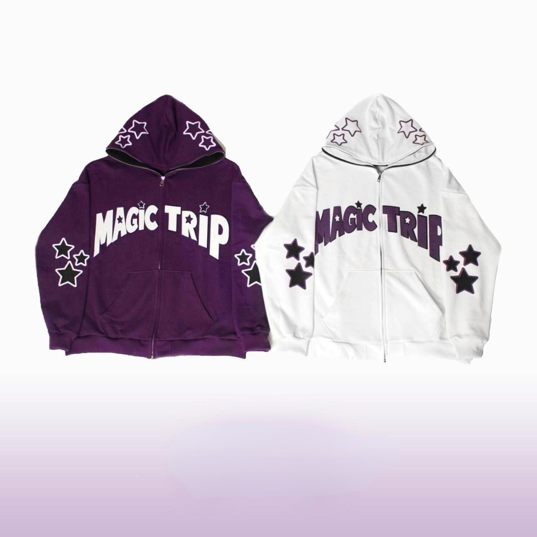 fashion printing magic trip contrast color hooded casual sweater