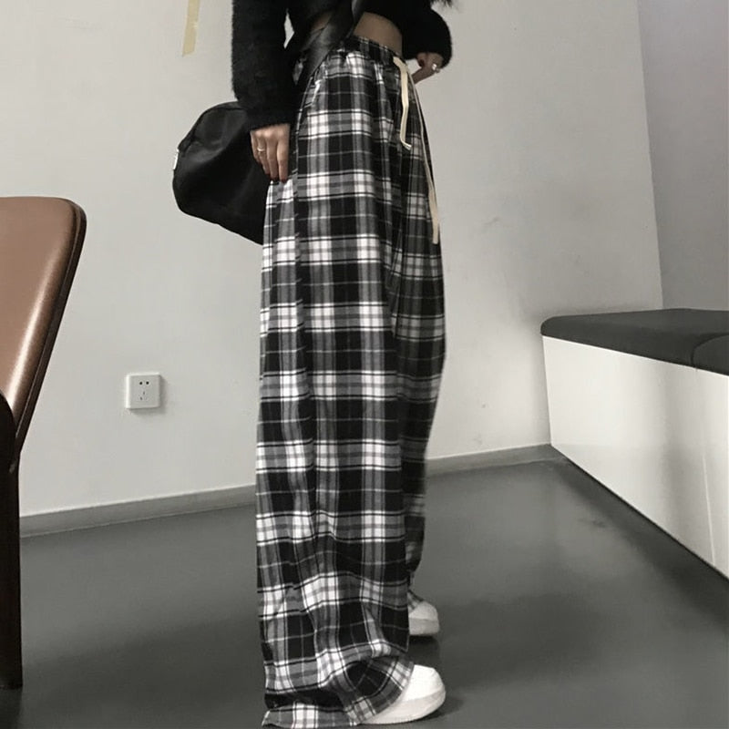Harajuku Black and White Plaid Wide Leg Pants: Summer Casual Style