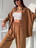 Autumn Causal Loose Two Piece Sets Spring Long Sleeve Blouse+Wide Leg Pants