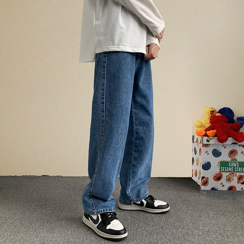 Spring New Jeans Men Korean Fashion Loose Straight Wide Leg Pants