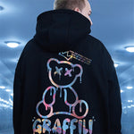 Graffiti Bear Print Fleece Hoodie Retro Autumn Pullover Hooded Sweatshirts Hip Hop Y2K