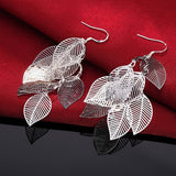 925 Sterling Silver Earrings fashion Jewelry Woman Layered Hollow Leaves Tassel Long Drop