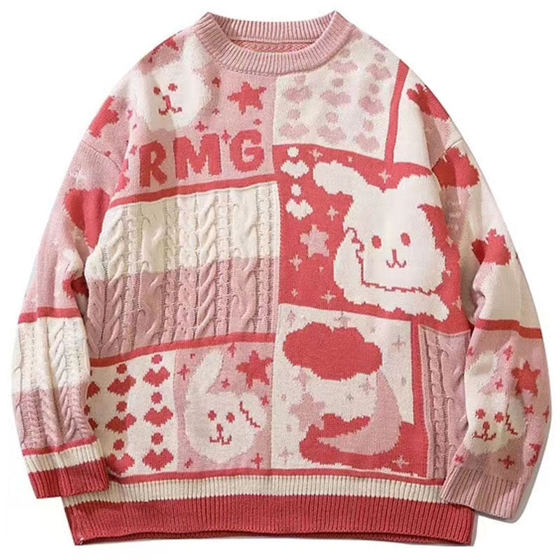 Vintage Cartoon Rabbit Sweater Men Japanese Style Pullovers 2023 Winter