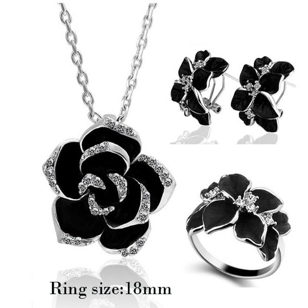 Rose Flower Enamel Jewelry Set Rose Gold Color Black Bridal