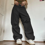 Women Casual Joggers Tech Pants Vintage Solid Low Waist Drawstring Baggy Trousers Y2K