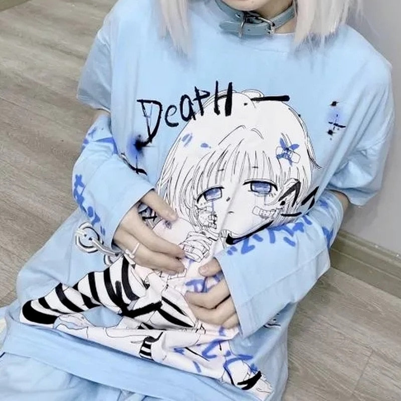 Anime Graphic T Shirts Goth with Split Sleeves Fashion Kawaii Cute T-shirt Women