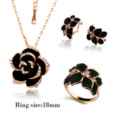 Rose Flower Enamel Jewelry Set Rose Gold Color Black Bridal