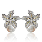 Huitan Gorgeous Flower Imitation Pearl Earrings Women Luxury Inlaid Sparkling CZ Stone