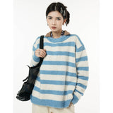 Blue Stripe Sweater Round Neck Color Contrast American Fashion