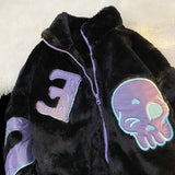 Y2k Clothes Soft Warm Cotton Flannel Sweatshirt Embroidered E Skull Zip Up Hoodie