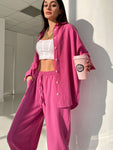 Autumn Causal Loose Two Piece Sets Spring Long Sleeve Blouse+Wide Leg Pants
