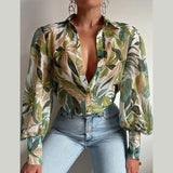 Women's Floral Print Puff Sleeve Casual V Neck