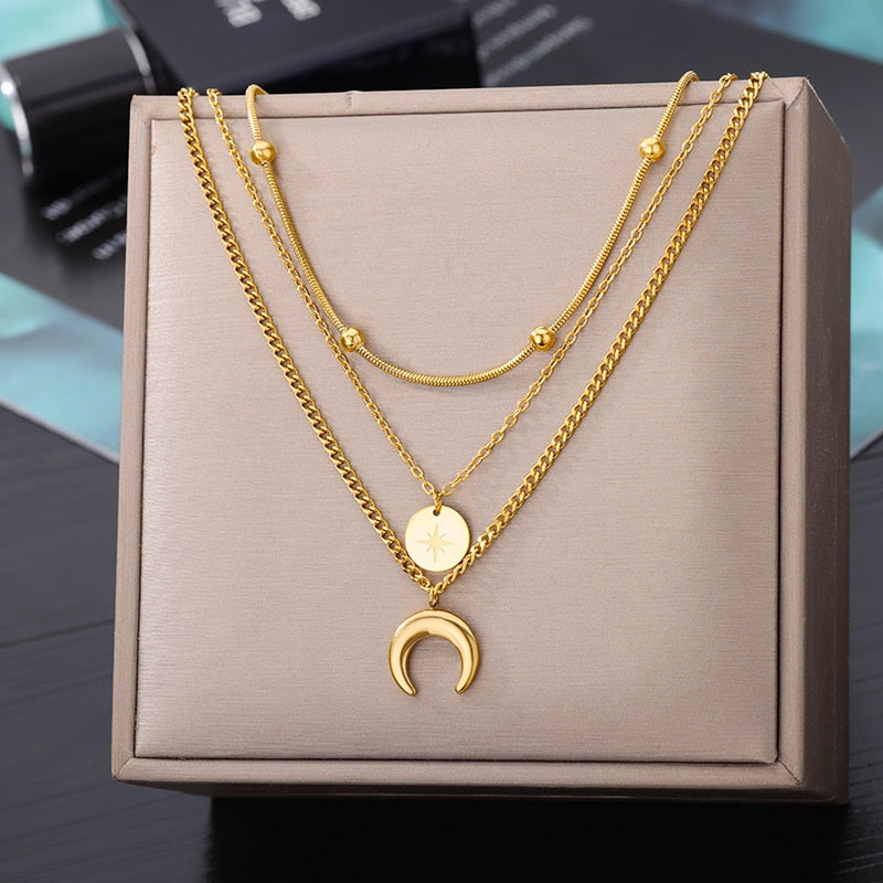Stainless Steel Geometry Star Moon Butterfly Pendant Multilayer Chain Choker Necklace
