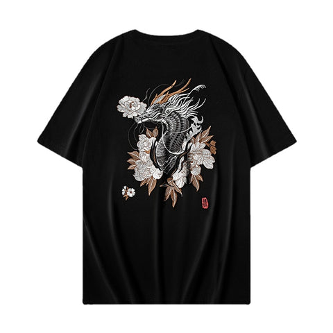 Harajuku Dragon Vibes Men's Embroidery T-Shirt with a Hip Hop Twist