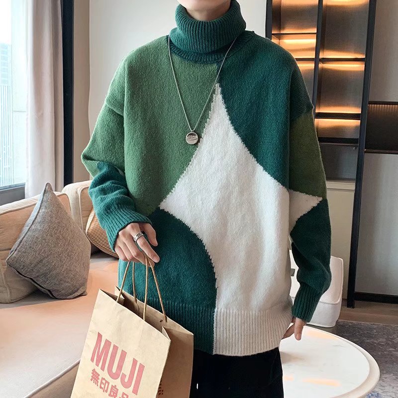 Turtleneck Men Sweaters Fashion Winter Knitted Patchwork