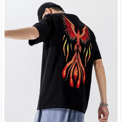 Vintage Japanese Harajuku Phoenix Embroidery Summer T-Shirt Men's Fashion