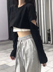 Long Sleeve Crop Top Hong Kong Style Fake Two Pieces Patchwork Sleeves T-shirt