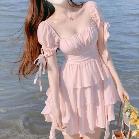 Kawaii Party Dresses Sweet Fairy Summer Fashion with Puff Sleeves and High Waist Bandage Women A line Mini Dresses in Elegant Pink