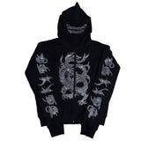 Hot-selling Rhinestones Skeleton Print Black Gothic Long-sleeve Full Zip Hoodie Oversized