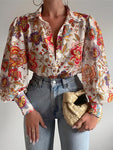 Women's Floral Print Puff Sleeve Casual V Neck